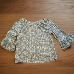 Max Studio Top 3/4 Flounce Sleeve Green Beige Size Medium Geometric Flowing Boho